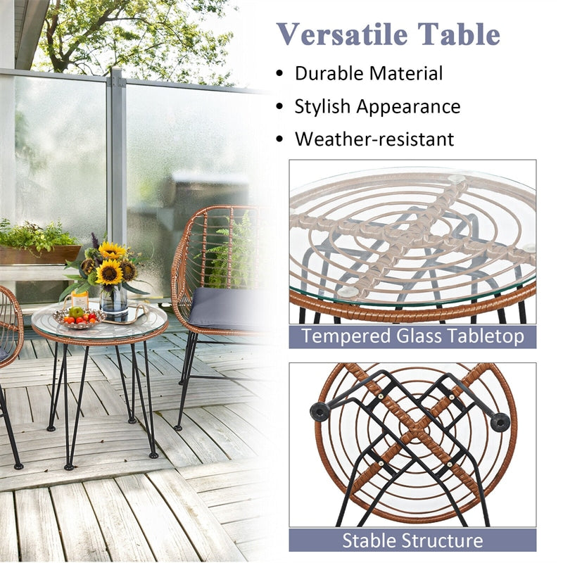 Bestoutdor 3 Pcs Patio Rattan Bistro Set Furniture Set with Tempered Glass Top Table & Cushions