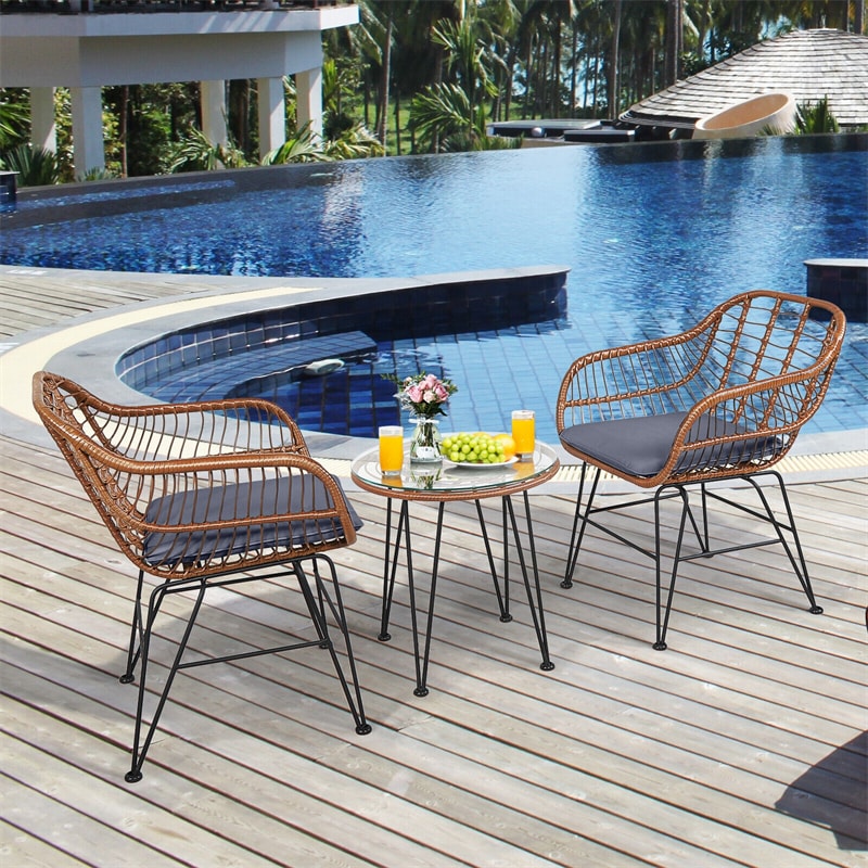 Bestoutdor 3 Pcs Patio Rattan Bistro Set Furniture Set with Tempered Glass Top Table & Cushions