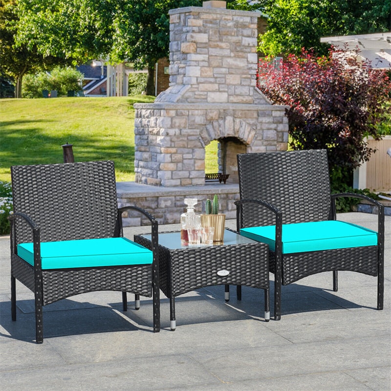 Bestoutdor 3 Pcs Patio Wicker Rattan Bistro Set Coffee Table & 2 Chairs with Cushions