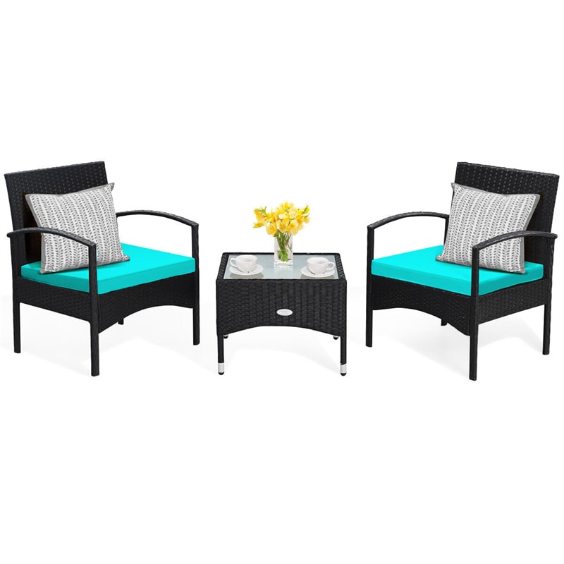 Bestoutdor 3 Pcs Patio Wicker Rattan Bistro Set Coffee Table & 2 Chairs with Cushions