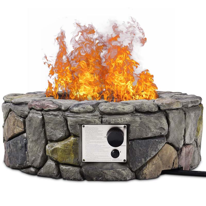 28" Round Propane Fire Pit 40,000 BTU Outdoor Stone Gas Fire Pit with Lava Rocks & PVC Cover for Patio Garden Backyard