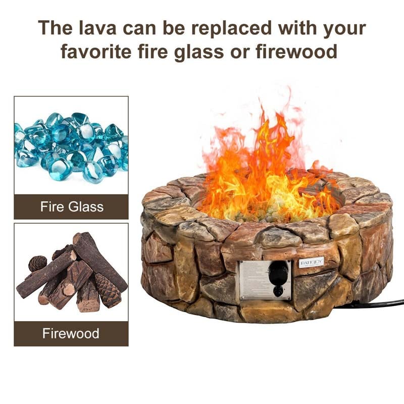 28" Round Propane Fire Pit 40,000 BTU Outdoor Stone Gas Fire Pit with Lava Rocks & PVC Cover for Patio Garden Backyard