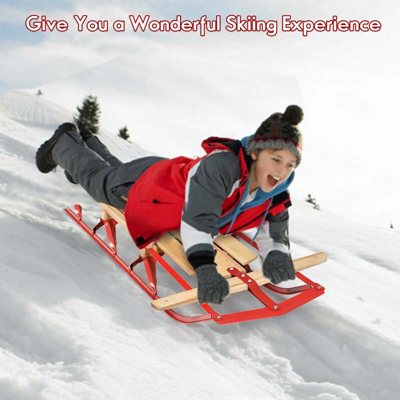 54" Wood & Steel Snow Racer Sled, Pull Steering Snow Slider with Metal Runners & Steering Bar, Portable Sleigh Toboggan for Kids & Adults