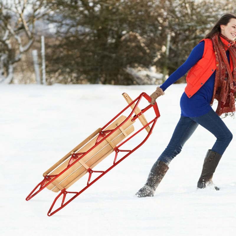 54" Wood & Steel Snow Racer Sled, Pull Steering Snow Slider with Metal Runners & Steering Bar, Portable Sleigh Toboggan for Kids & Adults