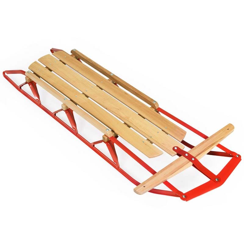 54" Wood & Steel Snow Racer Sled, Pull Steering Snow Slider with Metal Runners & Steering Bar, Portable Sleigh Toboggan for Kids & Adults