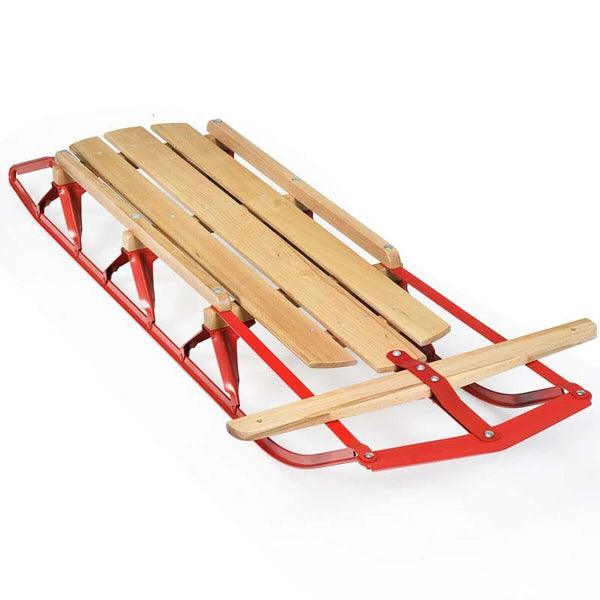 54" Wood & Steel Snow Racer Sled, Pull Steering Snow Slider with Metal Runners & Steering Bar, Portable Sleigh Toboggan for Kids & Adults