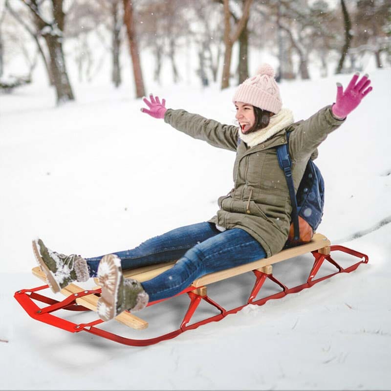 54" Kids Steel Wooden Snow Racer Sled with Metal Runners and Steering Bar