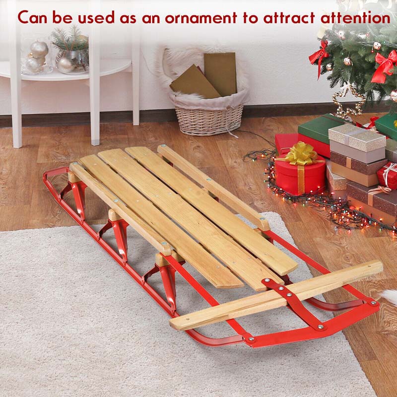 54" Wood & Steel Snow Racer Sled, Pull Steering Snow Slider with Metal Runners & Steering Bar, Portable Sleigh Toboggan for Kids & Adults