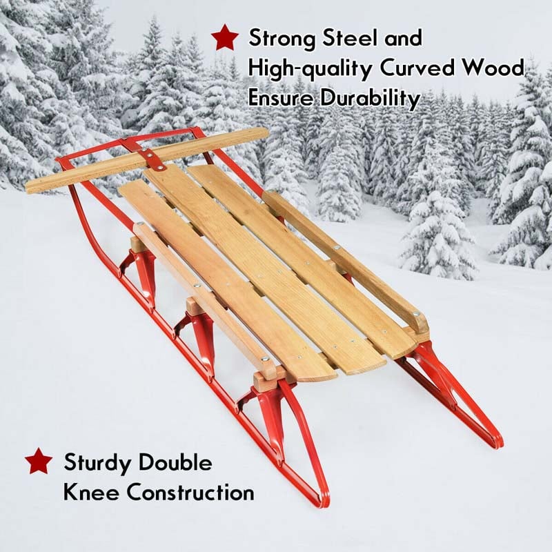 54" Kids Steel Wooden Snow Racer Sled with Metal Runners and Steering Bar