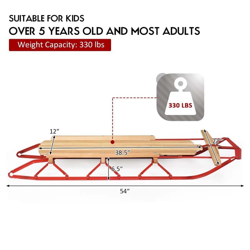 54" Wood & Steel Snow Racer Sled, Pull Steering Snow Slider with Metal Runners & Steering Bar, Portable Sleigh Toboggan for Kids & Adults