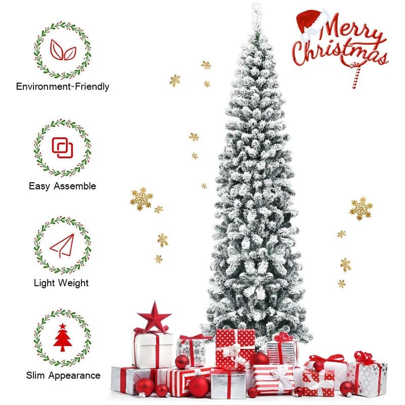 7.5FT Unlit Hinged Snow-flocked Artificial Pencil Christmas Tree with 641 Branch Tips