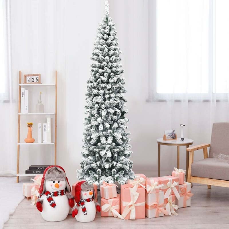 7.5FT Unlit Hinged Snow-flocked Artificial Pencil Christmas Tree with 641 Branch Tips