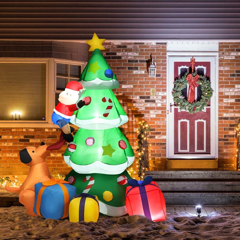 7FT Inflatable Christmas Tree with LED Lights, Santa Claus, Cute Puppy, Gift Boxes & Waterproof Fan for Outdoor Yard Decor