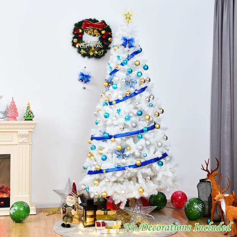 7FT White Artificial Christmas Tree Hinged Xmas Pine Tree 950 PVC Branch Tips with Folding Metal Stand for Holiday Season Outdoor Indoor Decor