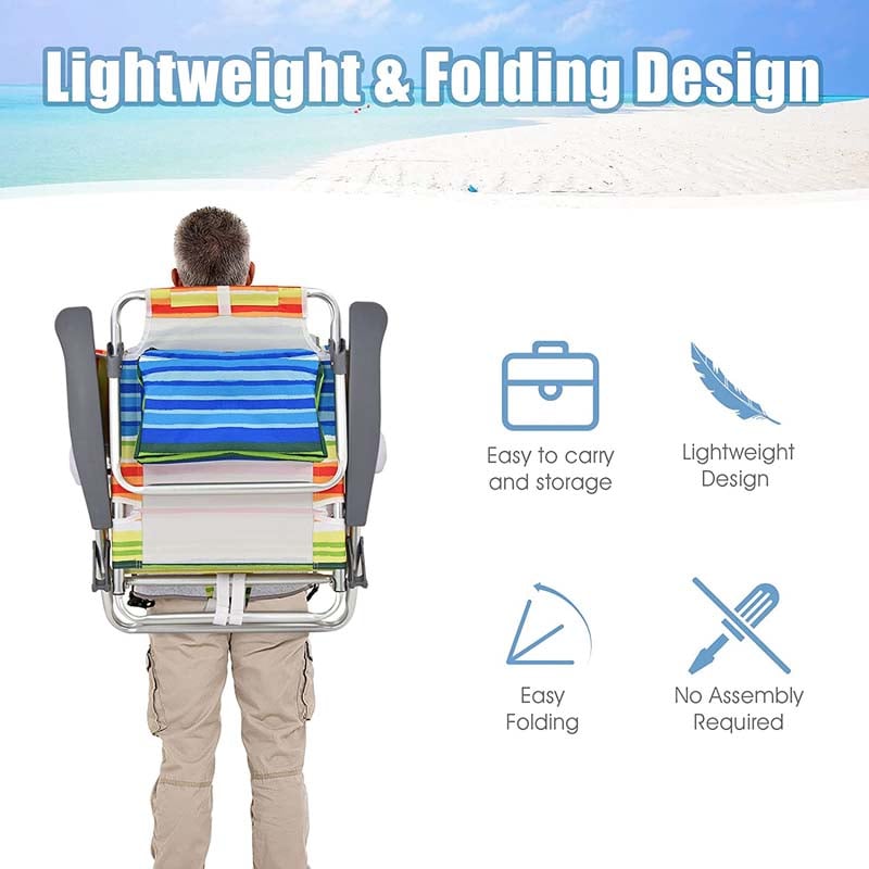 2 Pcs Folding Backpack Beach Chairs 5-Position Adjustable Outdoor Sling Camping Chairs with Cooler Bag & Cup Holder