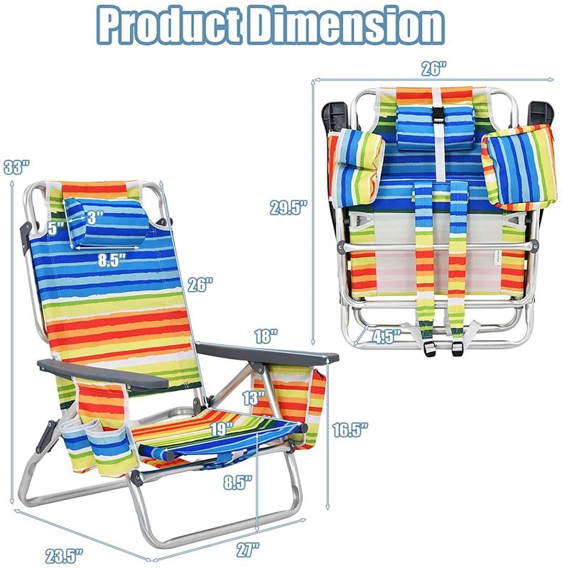 2 Pcs Folding Backpack Beach Chairs 5-Position Adjustable Outdoor Sling Camping Chairs with Cooler Bag & Cup Holder