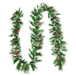 9FT Pre-lit Christmas Garland with 50 LED Lights, Snow Flocked Tips, Red Berries & Timer, Artificial Garland for Mantel Holiday Wedding Party Decor