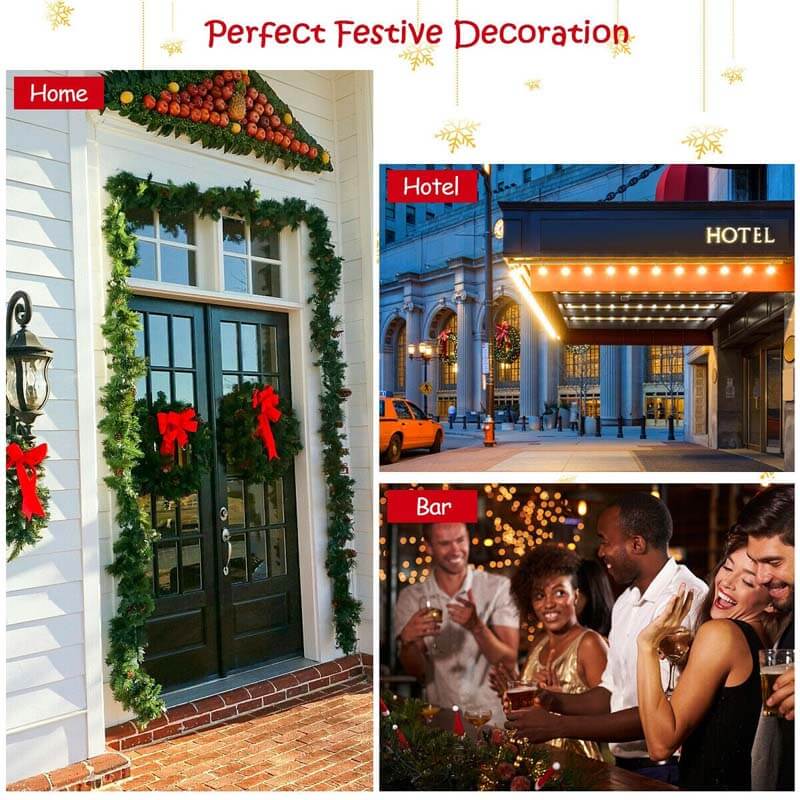 9FT Pre-lit Christmas Garland with 50 LED Lights, Snow Flocked Tips, Red Berries & Timer, Artificial Garland for Mantel Holiday Wedding Party Decor