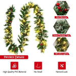 9FT Pre-lit Christmas Garland with 50 LED Lights, Snow Flocked Tips, Red Berries & Timer, Artificial Garland for Mantel Holiday Wedding Party Decor