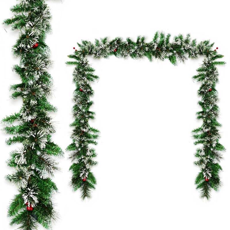 9FT Pre-lit Christmas Garland with 50 LED Lights, Snow Flocked Tips, Red Berries & Timer, Artificial Garland for Mantel Holiday Wedding Party Decor