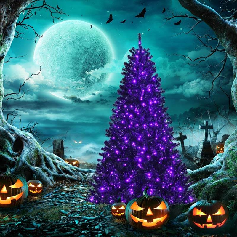 6FT Pre-lit Black Christmas Tree Hinged Artificial Halloween Tree with 250 Purple LED Lights & Metal Stand for Holiday Decorations Festival Parties