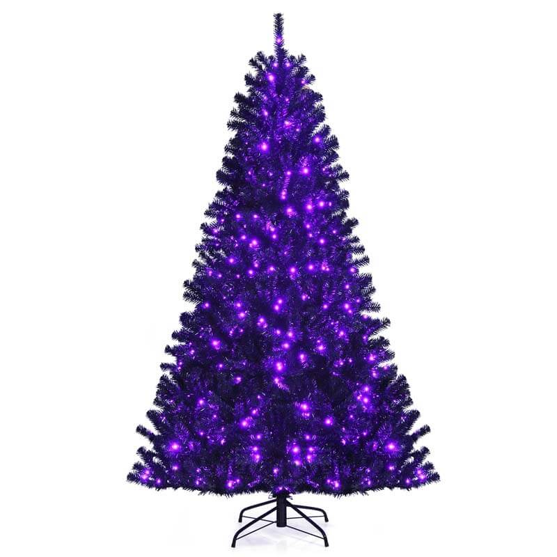 7FT PreLit Black Christmas Tree Hinged Artificial Halloween Tree with 500 Purple LED Lights