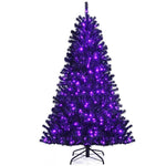 6FT Pre-lit Black Christmas Tree Hinged Artificial Halloween Tree with 250 Purple LED Lights & Metal Stand for Holiday Decorations Festival Parties