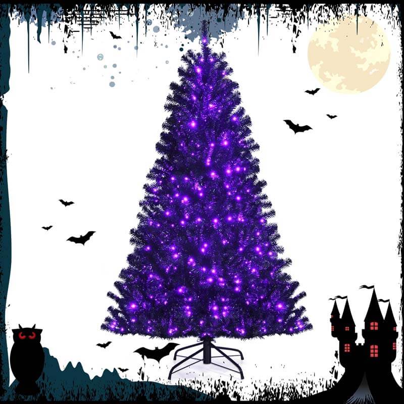 6FT Pre-lit Black Christmas Tree Hinged Artificial Halloween Tree with 250 Purple LED Lights & Metal Stand for Holiday Decorations Festival Parties