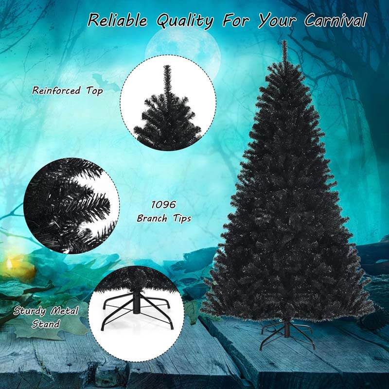 7FT PreLit Black Christmas Tree Hinged Artificial Halloween Tree with 500 Purple LED Lights