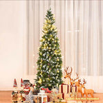 7.5FT Slim Pencil Artificial Christmas Tree Unlit Snow Flocked Xmas Tree with 39 Pine Cones, 720 PVC Branch Tips & Metal Stand