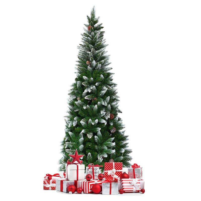 5FT Slim Pencil Artificial Christmas Tree Unlit Snow Flocked Xmas Tree with 21 Pine Cones, 421 PVC Branch Tips & Metal Stand