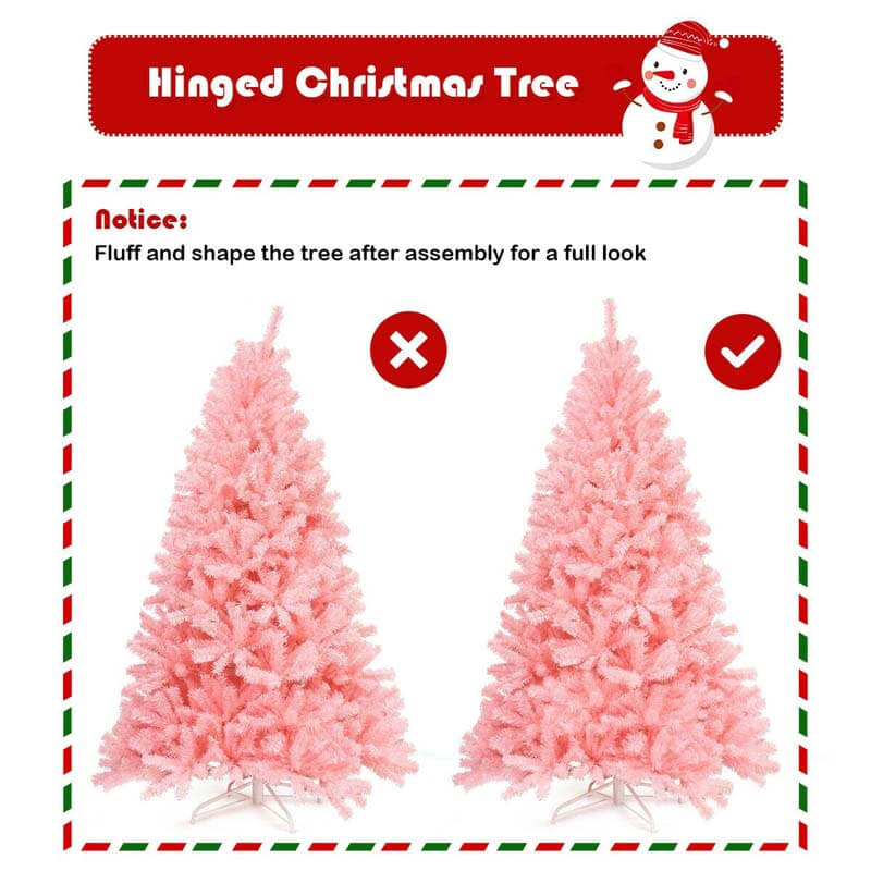 7.5FT Pink Artificial Christmas Tree Hinged Spruce Full Xmas Tree with Foldable Metal Stand