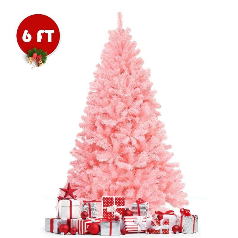 6FT Pink Christmas Tree Artificial Hinged Spruce Full Xmas Tree with Foldable Metal Stand