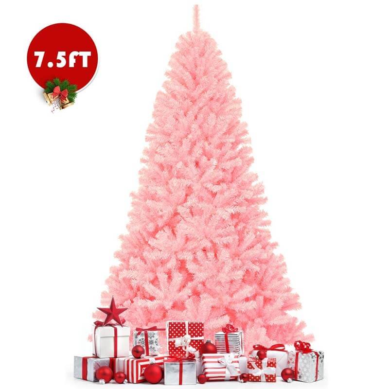 7.5FT Pink Artificial Christmas Tree Hinged Spruce Full Xmas Tree with Foldable Metal Stand