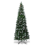 7.5FT Slim Pencil Artificial Christmas Tree Unlit Snow Flocked Xmas Tree with 39 Pine Cones, 720 PVC Branch Tips & Metal Stand