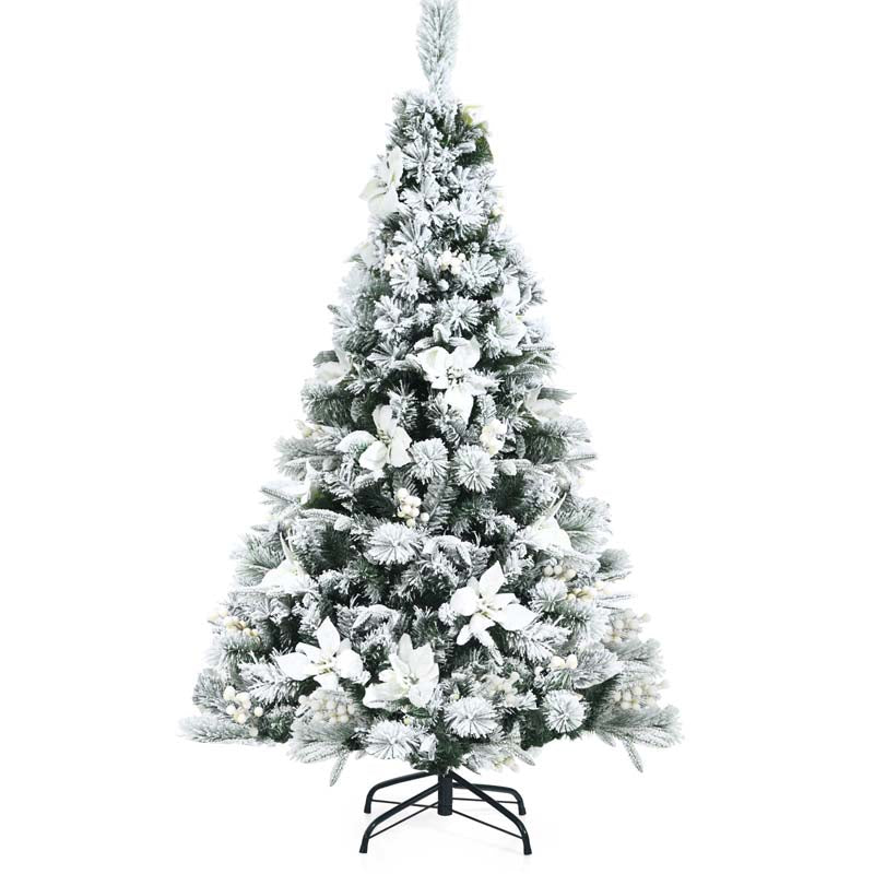 5FT Snow Flocked Artificial Christmas Tree Hinged Xmas Tree 405 Branch Tips with White Berries, Poinsettia Flowers & Folding Metal Stand