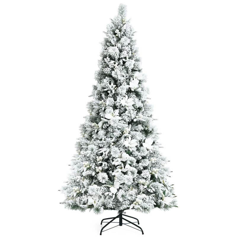 7FT Snow Flocked Artificial Christmas Tree Hinged Xmas Tree 919 Branch Tips with White Berries, Poinsettia Flowers & Folding Metal Stand