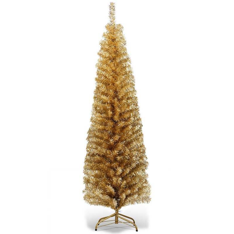 6FT Pencil Artificial Christmas Tree Unlit Slim Tinsel Xmas Tree with Electroplated Technology & Metal Stand for Indoor Outdoor Decoration