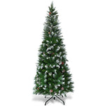 5FT Slim Pencil Artificial Christmas Tree Unlit Snow Flocked Xmas Tree with 21 Pine Cones, 421 PVC Branch Tips & Metal Stand