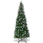 6FT Snow Flocked Slim Pencil Christmas Tree, Unlit Artificial Xmas Tree with 29 Pine Cones, 630 PVC Branch Tips & Metal Stand for Holiday Home Decor