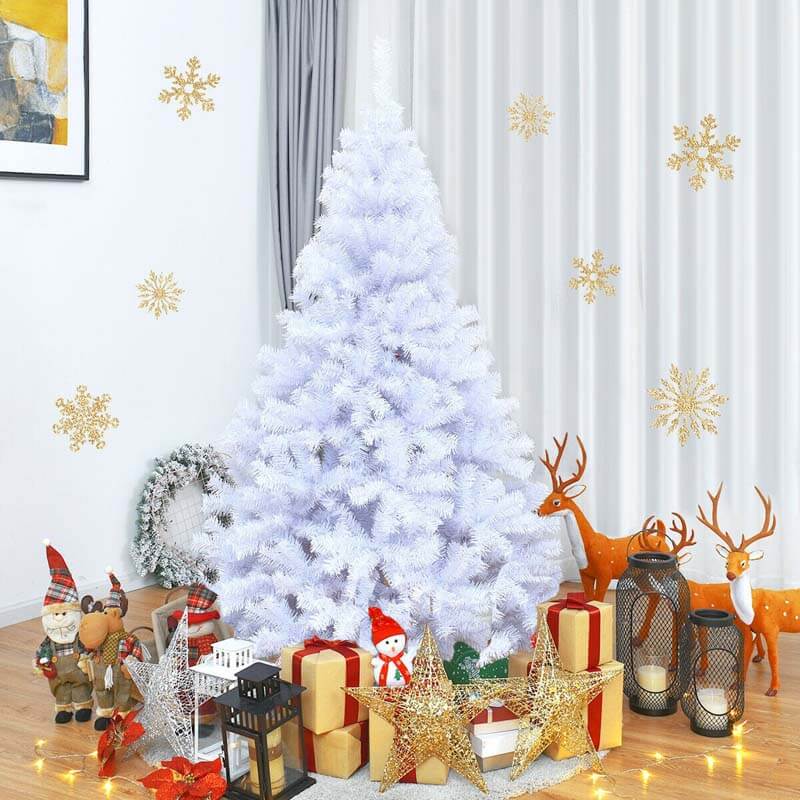 6FT White Hinged Artificial Christmas Tree with Metal Stand