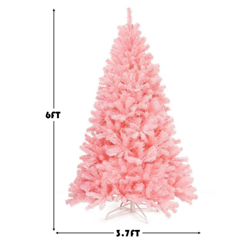 6FT Pink Christmas Tree Artificial Hinged Spruce Full Xmas Tree with Foldable Metal Stand