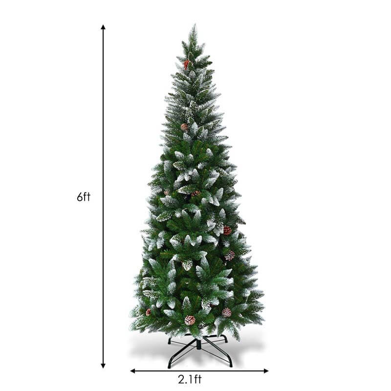 6FT Snow Flocked Slim Pencil Christmas Tree, Unlit Artificial Xmas Tree with 29 Pine Cones, 630 PVC Branch Tips & Metal Stand for Holiday Home Decor