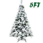 5FT Snow Flocked Artificial Christmas Tree Hinged Xmas Tree 405 Branch Tips with White Berries, Poinsettia Flowers & Folding Metal Stand