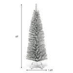 6FT Pencil Artificial Christmas Tree Unlit Slim Tinsel Xmas Tree with Electroplated Technology & Metal Stand for Indoor Outdoor Decoration