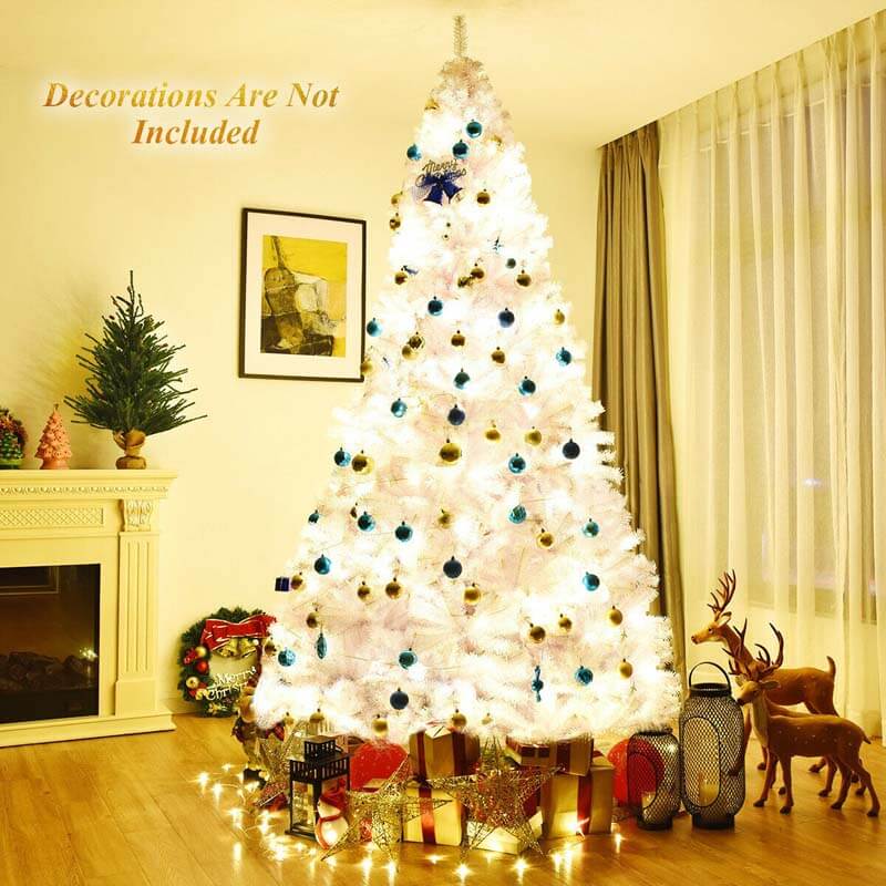 9FT White Artificial Christmas Tree Unlit Hinged Spruce Xmas Tree with Metal Stand