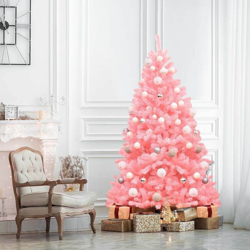 6FT Pink Christmas Tree Artificial Hinged Spruce Full Xmas Tree with Foldable Metal Stand