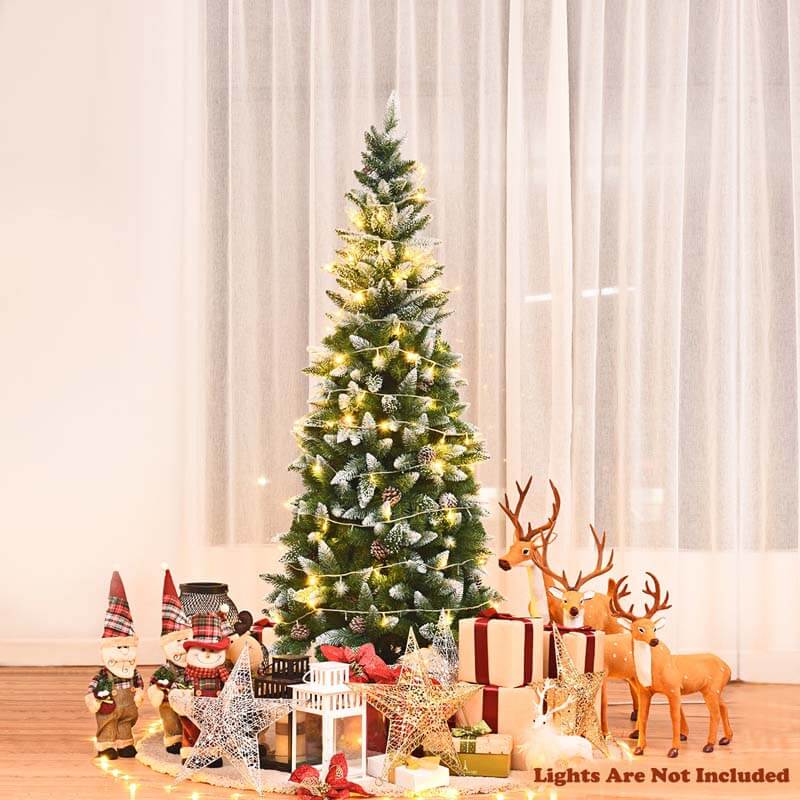 6FT Slim Pencil Artificial Christmas Tree Unlit Snow Flocked Xmas Tree with 29 Pine Cones, 630 PVC Branch Tips & Metal Stand