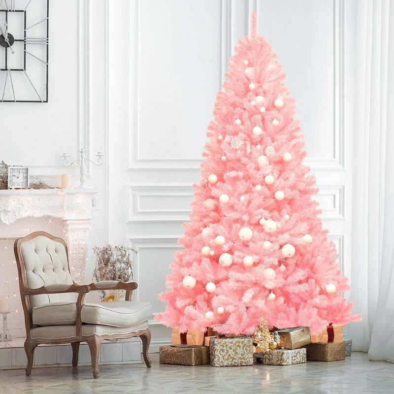 7.5FT Pink Artificial Christmas Tree Hinged Spruce Full Xmas Tree with Foldable Metal Stand