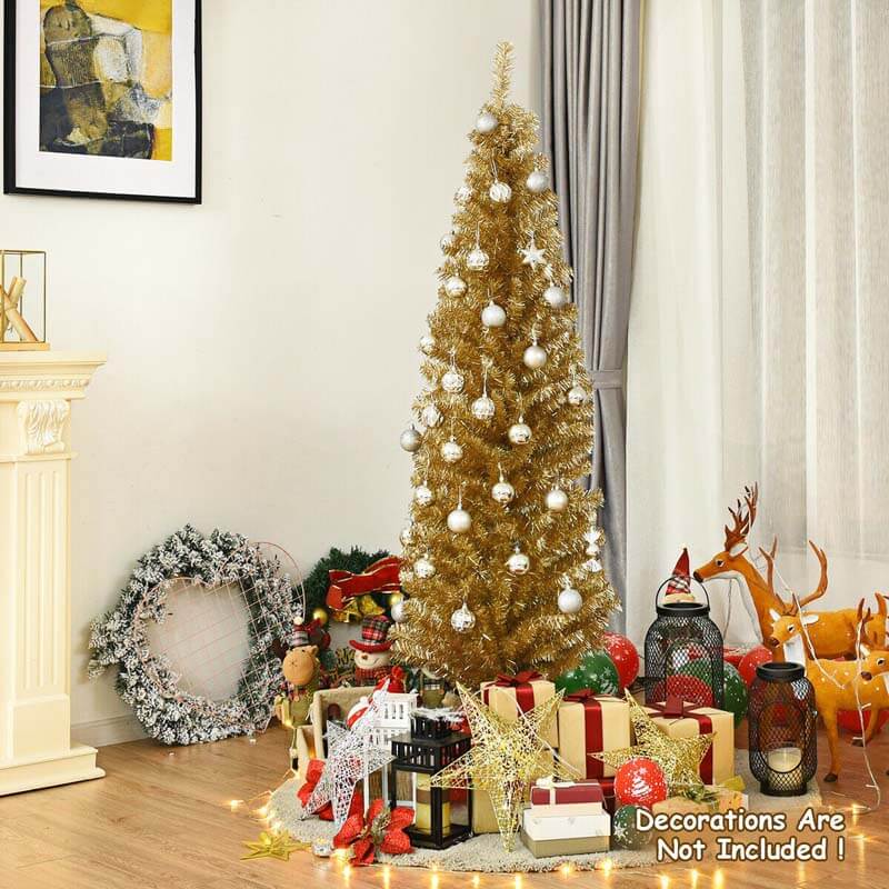 6FT Pencil Artificial Christmas Tree Unlit Slim Tinsel Xmas Tree with Electroplated Technology & Metal Stand for Indoor Outdoor Decoration